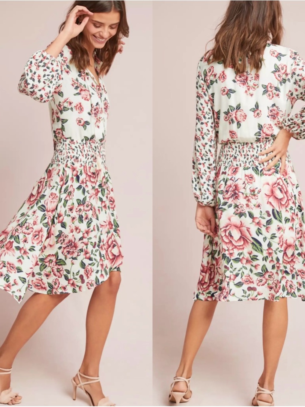 Farm Rio Anthropologie Anabela Dress Floral Smocked Knee Length Boho Sz Petite L